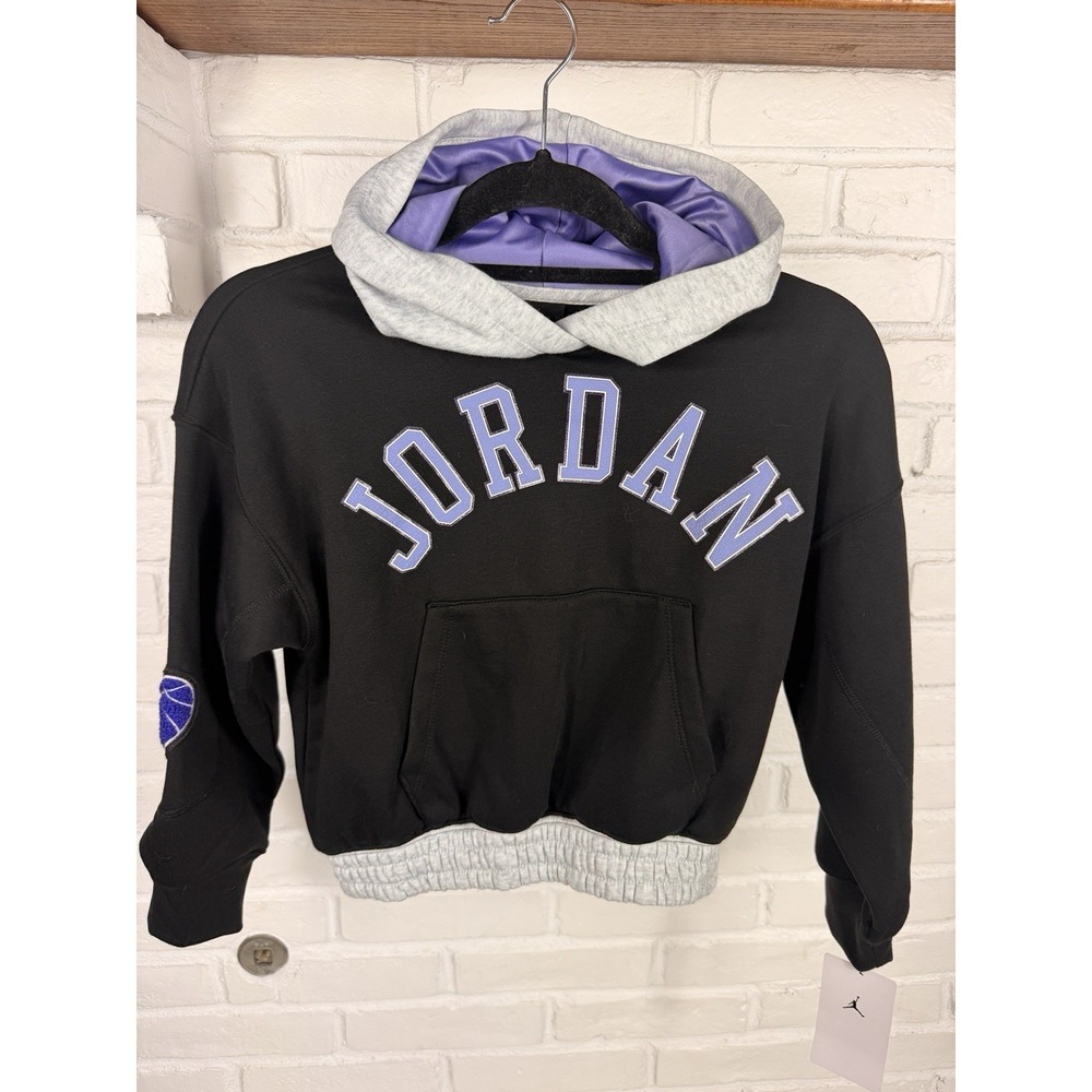 Nike Jordan Girls S 8-10 Black Purple Varsity Graphic Pullover Hoodie Sweatshirt